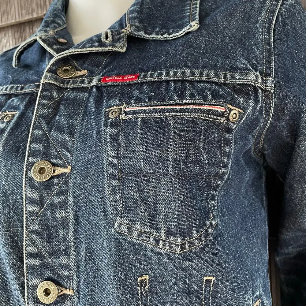 🔥Vintage Nautica Y2K Trucker Grunge Dark Wash Blue Denim Jacket Women Size M-L - Picture 6 of 15